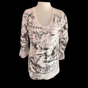 Juli Women’s Cotton Top Large 3/4 Sleeved Graphic Venice Scenery Print White